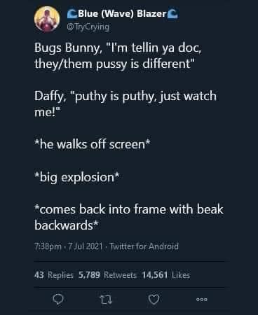 The meme is a screenshot of a Twitter conversation between two users, @BugsBunny and @DaffyDuck. The conversation starts with @BugsBunny saying "In a world..." and @DaffyDuck responding with a sarcastic comment. The meme ends with @DaffyDuck saying "In a world..." and @BugsBunny responding with "I'm telling you, Daffy, that's how it always starts."